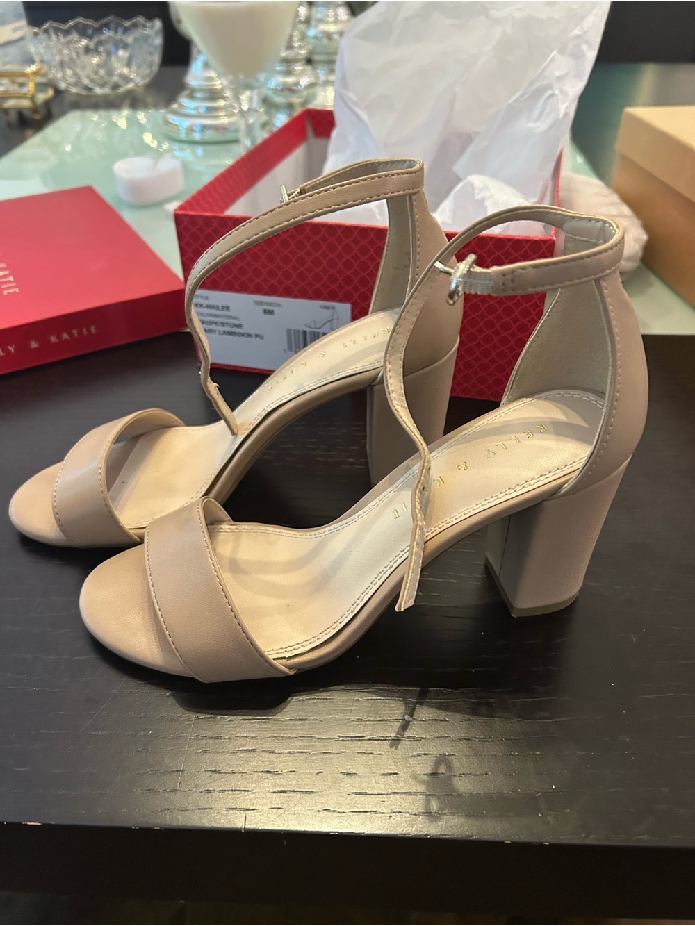 Kelly & Katie Taupe / Stone Baby lambskin Block Heel Ankle-Strap Sandals